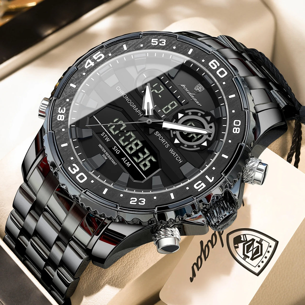 POEDAGAR Top LED Man Clock Waterproof Electronic Luxury Men's Watches Dual Time Display Digital Stainless Steel Men Quartz Watch