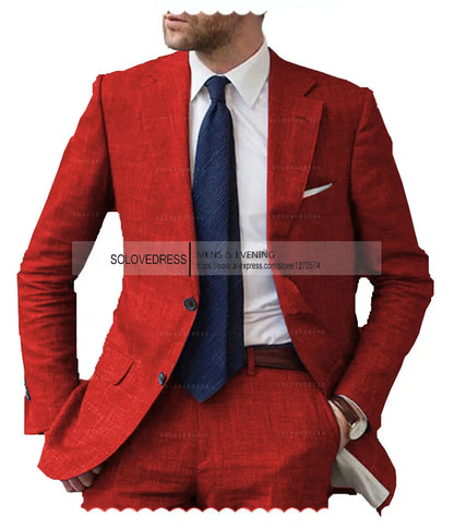 Men's 2-Piece Linen Suit Casual Slim Fit Vintage Suits Groomsmen