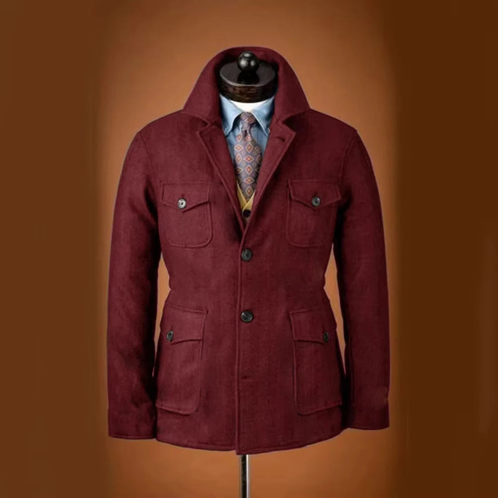 Men Woolen Blend Jacket Multi Flap Pockets Single Breasted Turn Down Collar Casual Outdoor Business Streetwear Outerwear