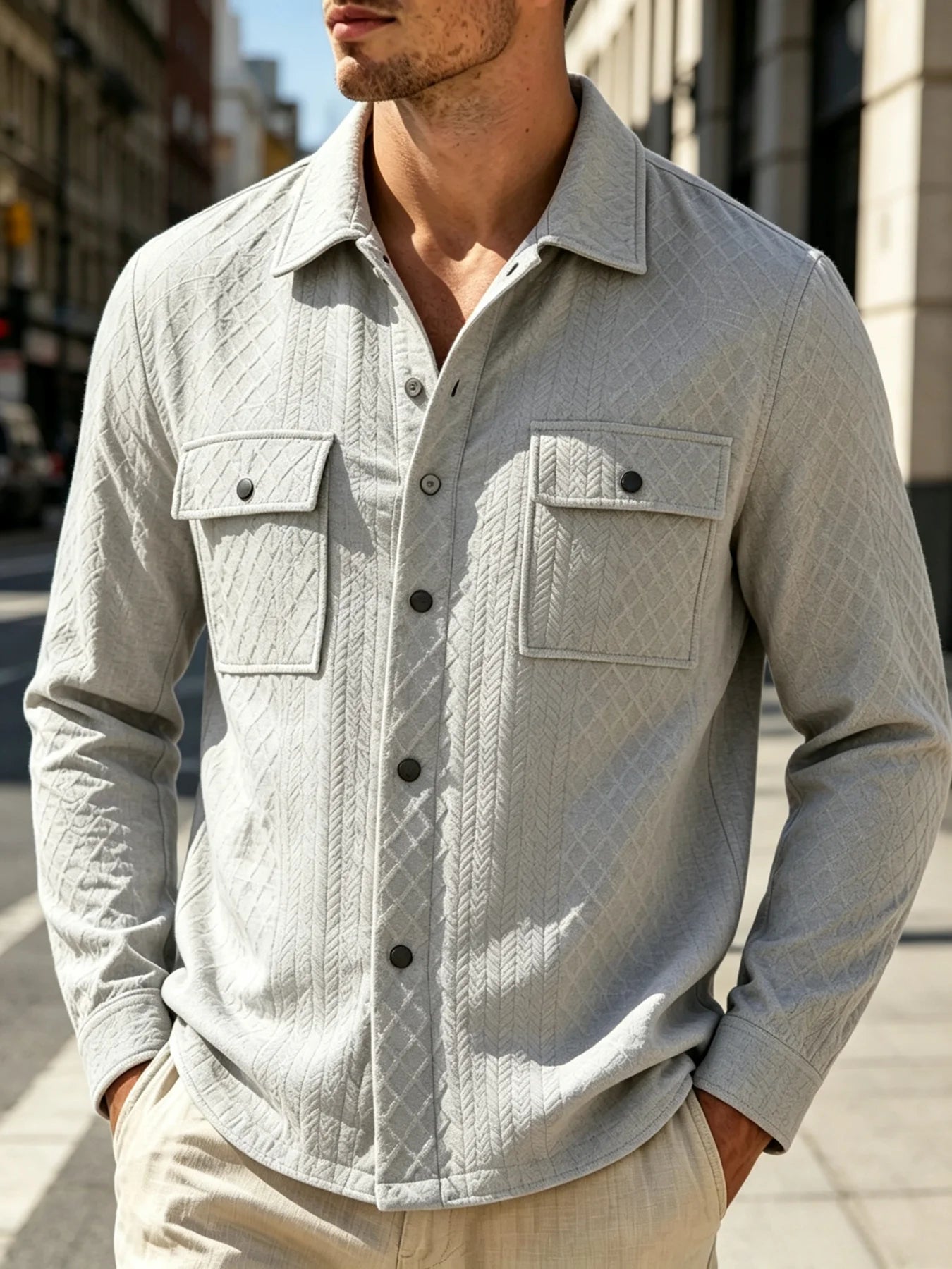 Mens Dobby Diamond Herringbone Textured Long Sleeve Shirt Jacket