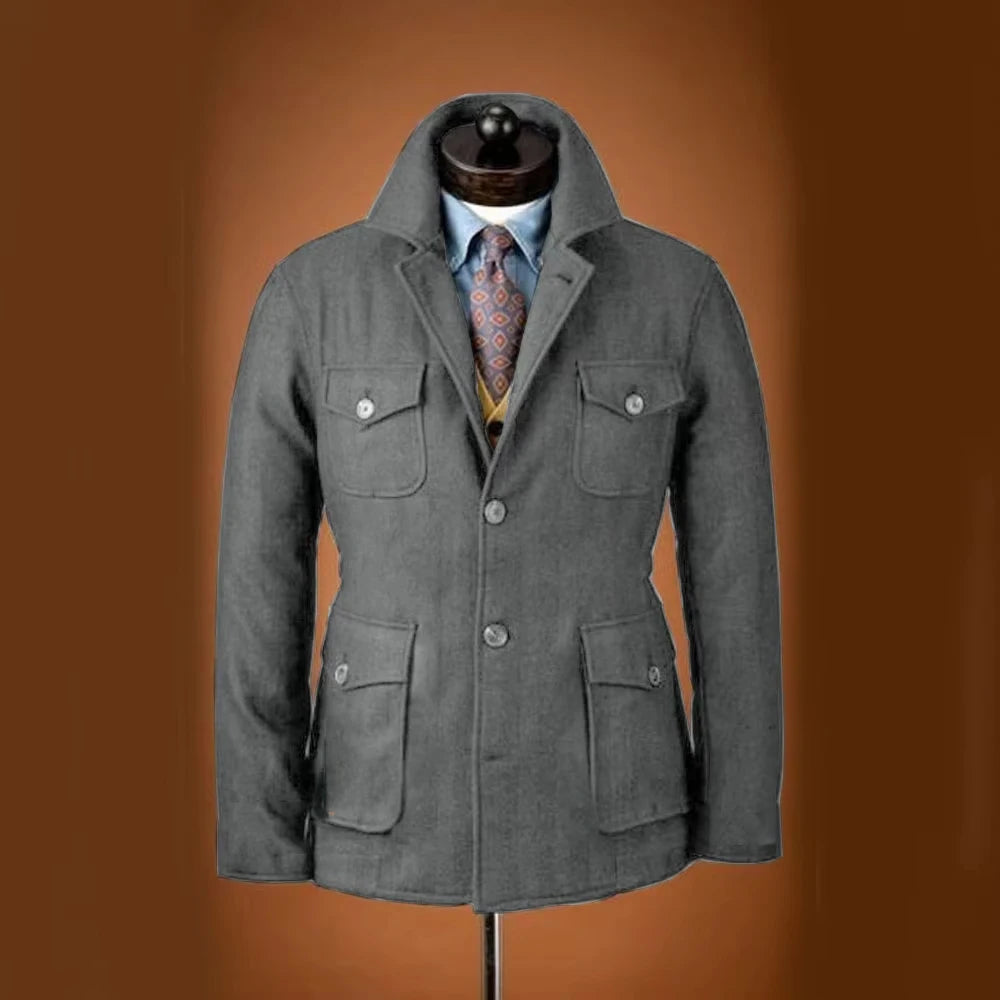 Men Woolen Blend Jacket Multi Flap Pockets Single Breasted Turn Down Collar Casual Outdoor Business Streetwear Outerwear