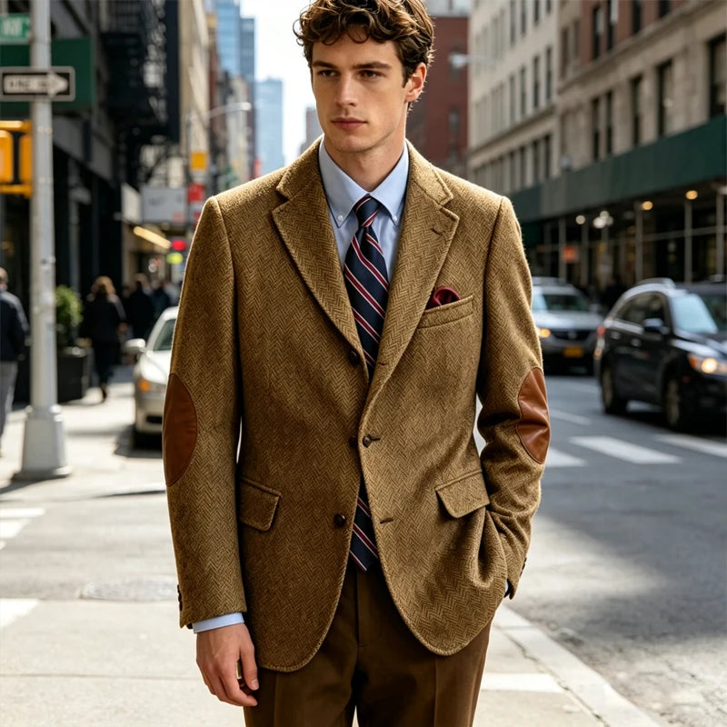 Men's Vintage Herringbone Tweed Blazer With Elbow Patch 2 Button Single Breasted Cotton Casual Slim Fit Business Jacket XS-7XL