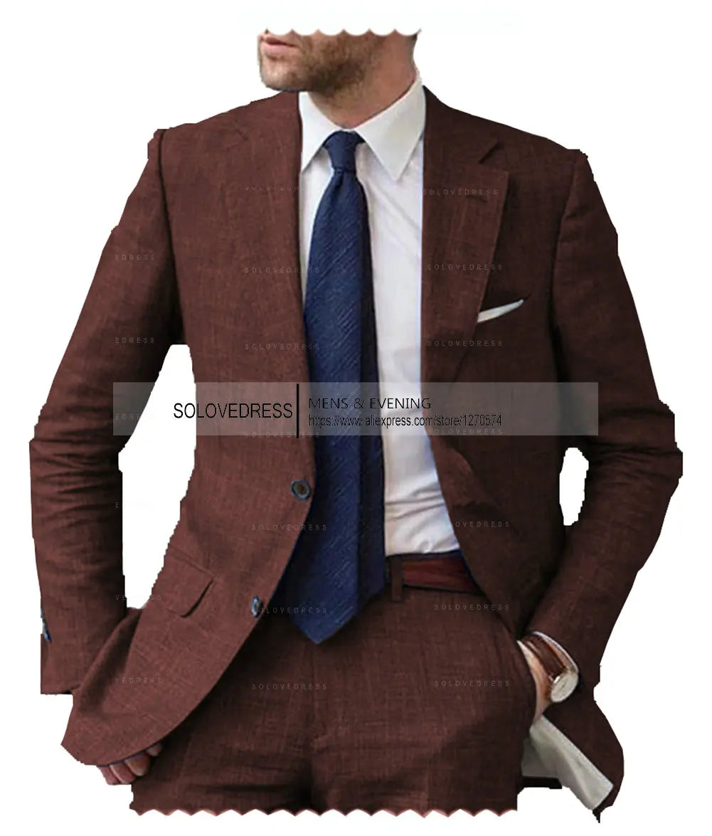 Men's 2-Piece Linen Suit Casual Slim Fit Vintage Suits Groomsmen
