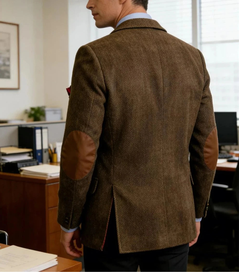 Classic Men's Herringbone Tweed Blazer with Elbow Patches Single Breasted Retro Business Casual Jacket and pants 2 pieces