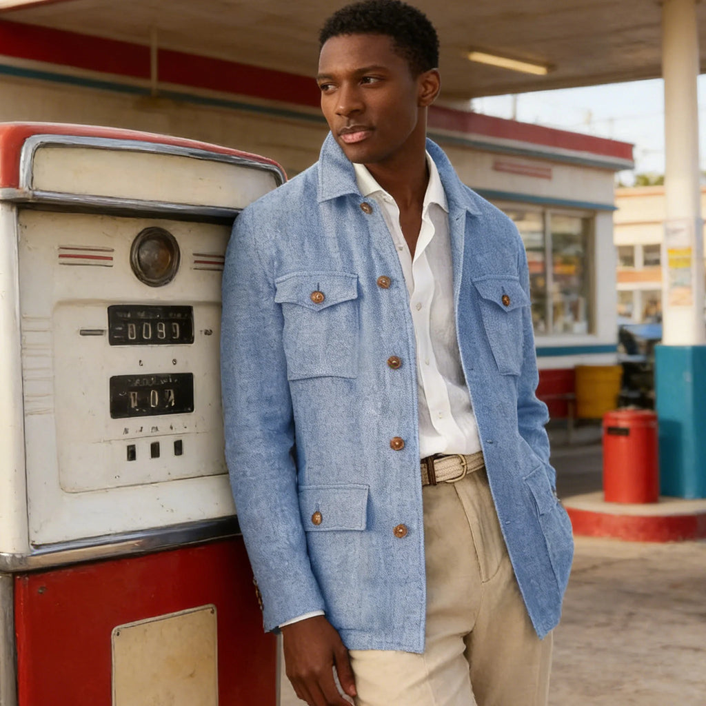 Men's Cotton Linen Safari Jacket Lapel Multiple Pockets Casual Breathable Lightweight Vintage Beach Wedding Summer Blazer