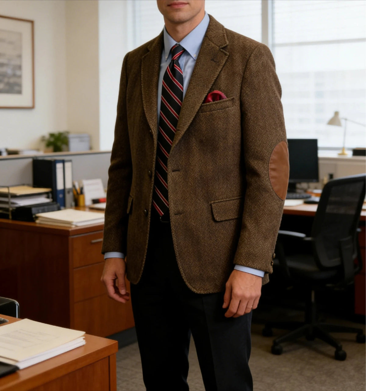 Classic Men's Herringbone Tweed Blazer with Elbow Patches Single Breasted Retro Business Casual Jacket and pants 2 pieces