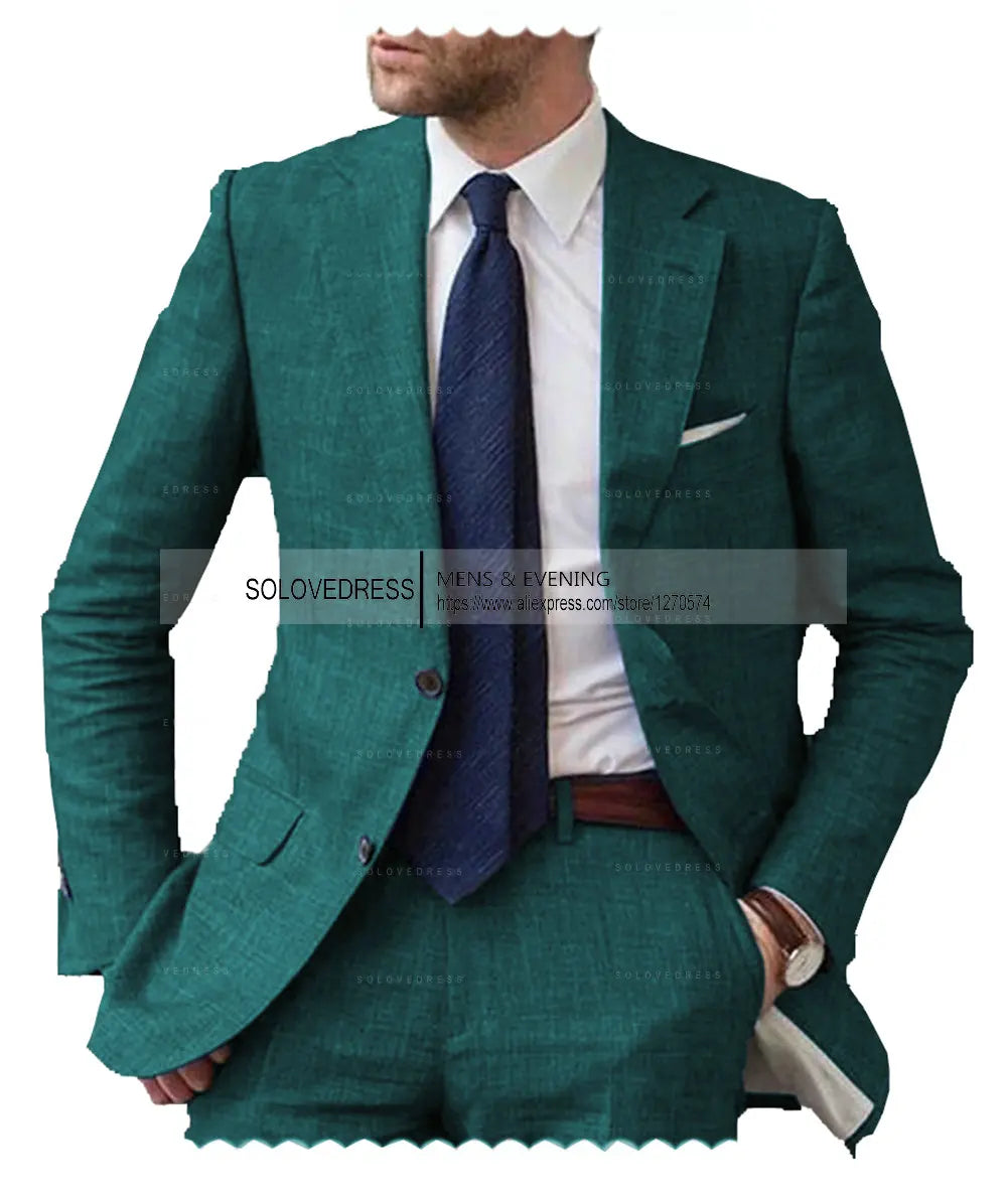 Men's 2-Piece Linen Suit Casual Slim Fit Vintage Suits Groomsmen