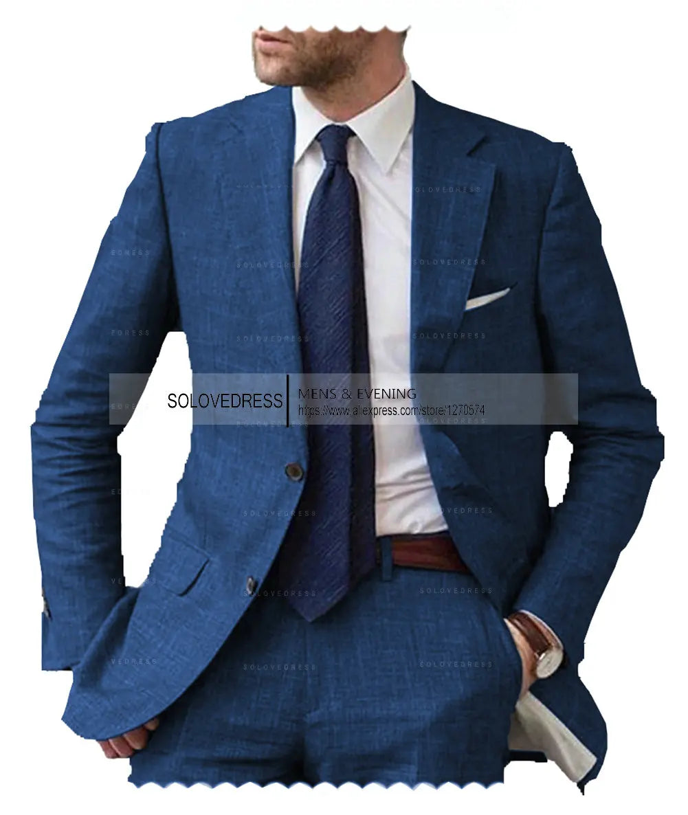 Men's 2-Piece Linen Suit Casual Slim Fit Vintage Suits Groomsmen
